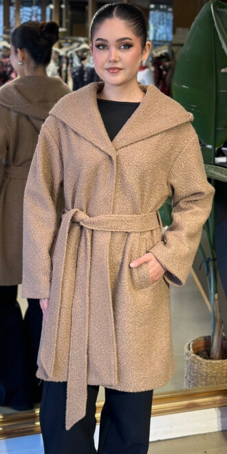 Bej Uzun Kollu Coat Uzun Abiye Elbise 11160-02 - 2