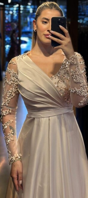 Bej Uzun Kollu Dantel Kloş Etekli Saten Uzun Abiye Elbise 7510 - 2