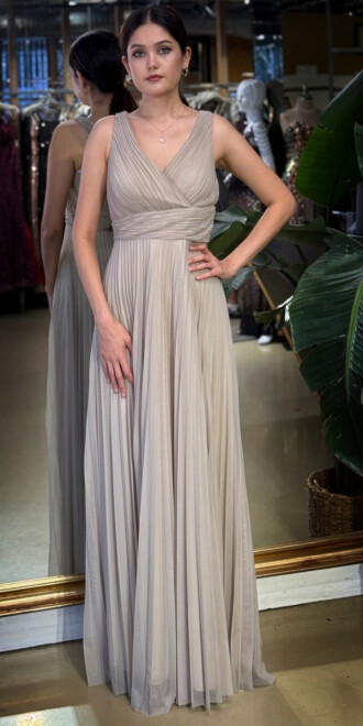 Bej V Yaka Kalın Askı Kloş Etekli Şifon Uzun Abiye Elbise 11098-04 