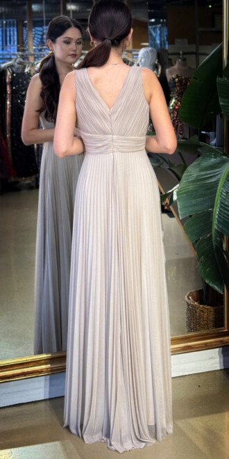 Bej V Yaka Kalın Askı Kloş Etekli Şifon Uzun Abiye Elbise 11098-04 - 5