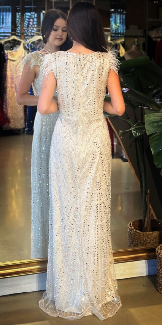 Bej V Yaka Kalın Askı Tuy Detaylı Düz Kesim Pullu Boncuklu Uzun Abiye Elbise 11052-05 - 5