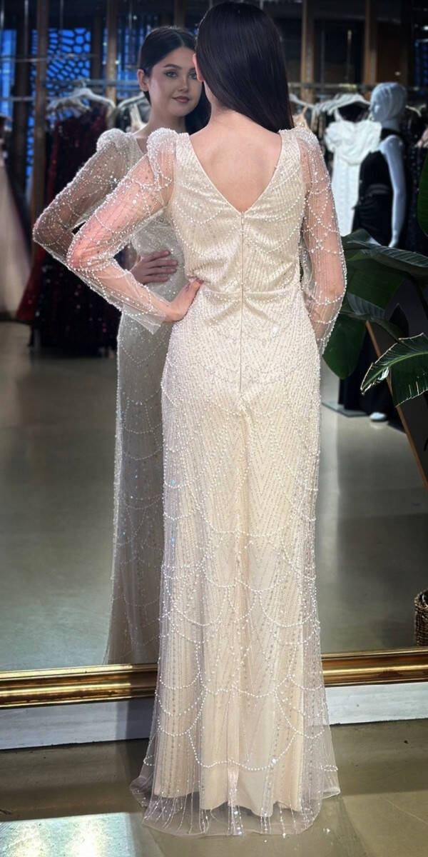 Bej V Yaka Uzun Kollu Düz Kesim Pullu Boncuklu Uzun Abiye Elbise 11001-07 - 5