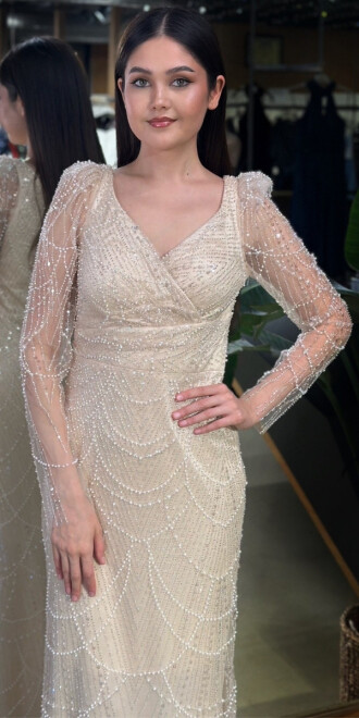 Bej V Yaka Uzun Kollu Düz Kesim Pullu Boncuklu Uzun Abiye Elbise 11001-07 - 3