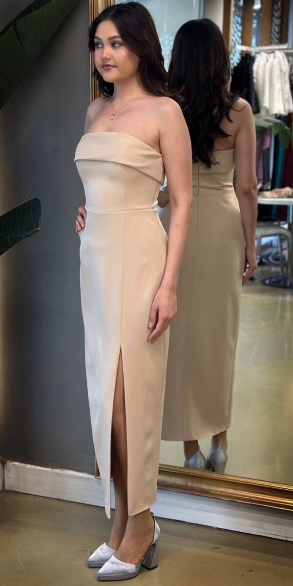 Bej Straplez Yaka Yırtmaçlı Düz Kesim Krep Midi Abiye Elbise 7692 - 3