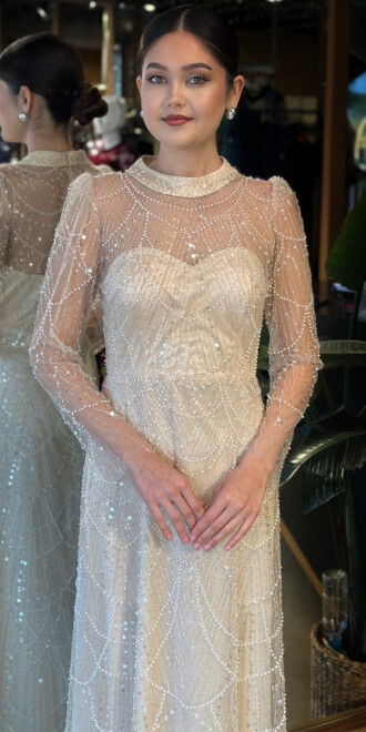 Bej Yuvarlak Yaka Uzun Kollu Düz Kesim Pullu Boncuklu Uzun Abiye Elbise 11130-03 - 3