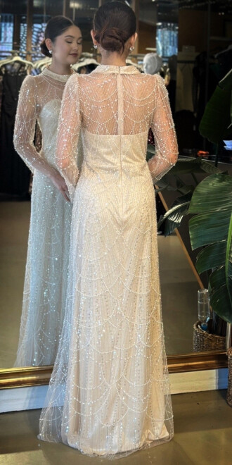 Bej Yuvarlak Yaka Uzun Kollu Düz Kesim Pullu Boncuklu Uzun Abiye Elbise 11130-03 - 5