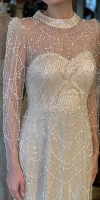 Bej Yuvarlak Yaka Uzun Kollu Düz Kesim Pullu Boncuklu Uzun Abiye Elbise 11130-03 - 4