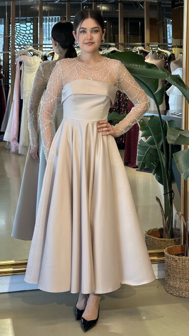 Bej Yuvarlak Yaka Uzun Kollu Kloş Etekli Saten Midi Abiye Elbise 11139-04 