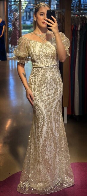 Beyaz Balon Kollu Dantel Detaylı Düz Kesim Simli Uzun Abiye Elbise 7278 - abiyeniall