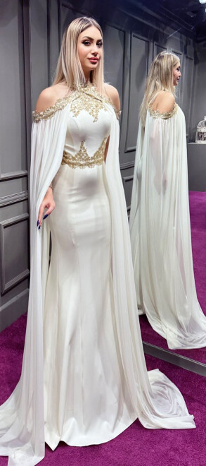 Krem Dantel Detaylı Balık Etekli Krep Uzun Abiye Elbise 6276 - 3