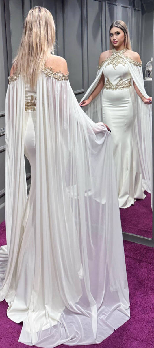 Krem Dantel Detaylı Balık Etekli Krep Uzun Abiye Elbise 6276 - 5