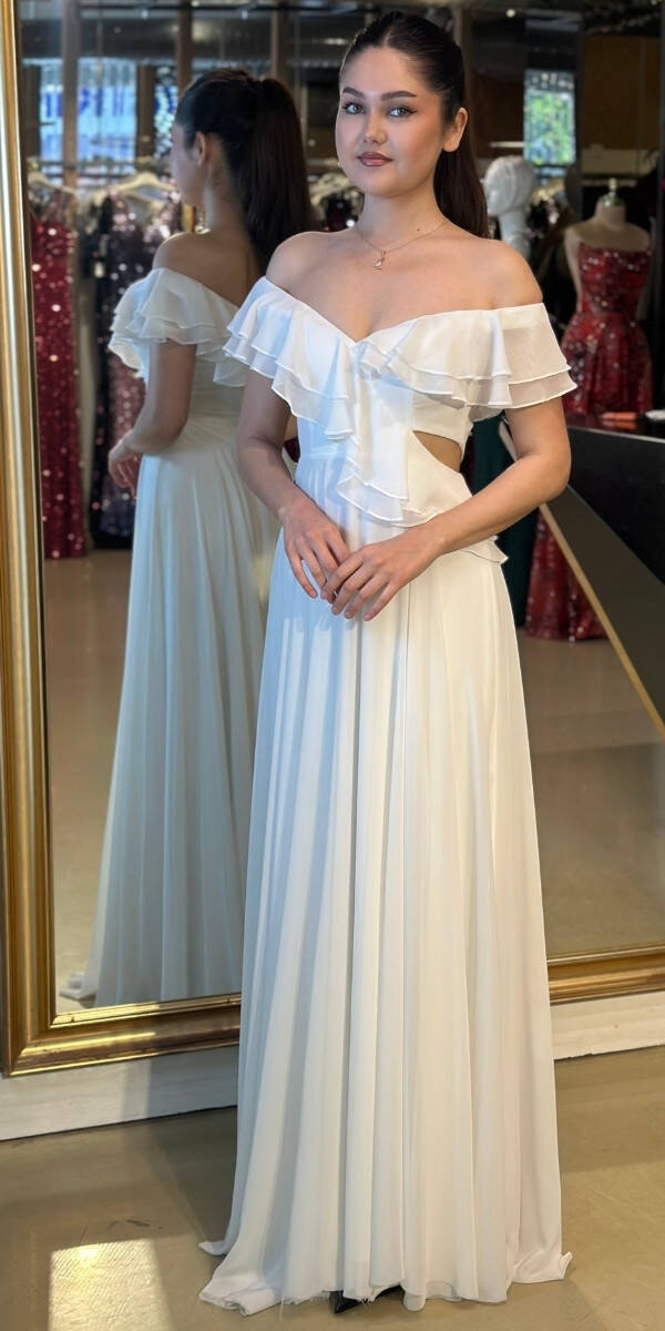 Beyaz Düşük Kollu Bel Dekolteli Uzun Abiye Elbise 3359 - 1