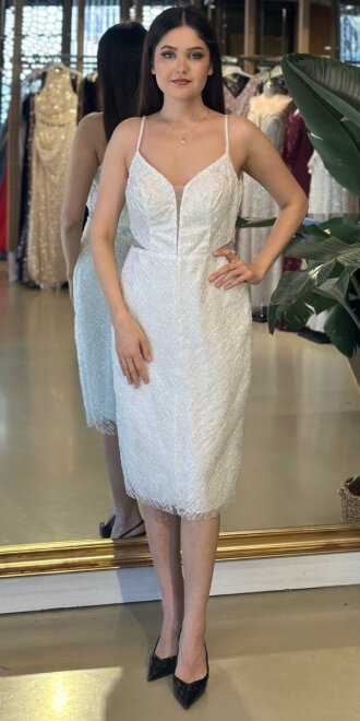 Beyaz İp Askılı Bel Dekolteli Düz Kesim Simli Midi Abiye Elbise 7129 - abiyeniall