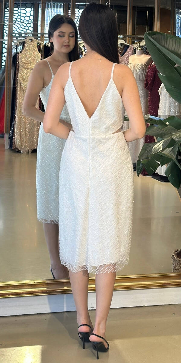 Beyaz İp Askılı Bel Dekolteli Düz Kesim Simli Midi Abiye Elbise 7129 - 2