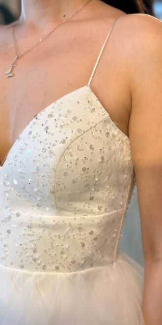 Beyaz İp Askılı Boncuk İşlemeli Sırt Dekolteli Kloş Etekli Tül Uzun Abiye Elbise 7588 - 4