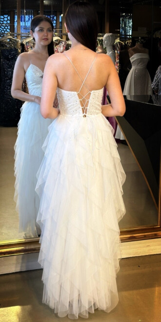 Beyaz İp Askılı Boncuk İşlemeli Sırt Dekolteli Kloş Etekli Tül Uzun Abiye Elbise 7588 - 5