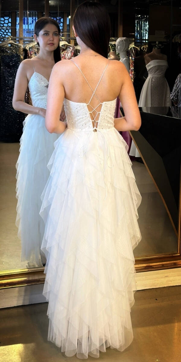 Beyaz İp Askılı Boncuk İşlemeli Sırt Dekolteli Kloş Etekli Tül Uzun Abiye Elbise 7588 - 5