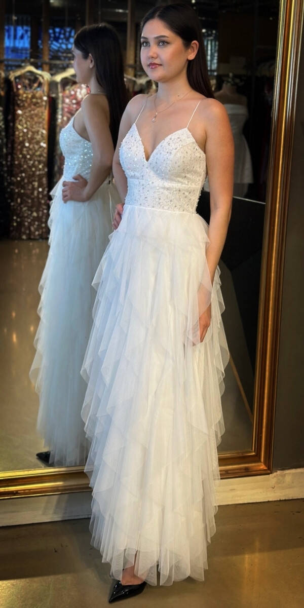 Beyaz İp Askılı Boncuk İşlemeli Sırt Dekolteli Kloş Etekli Tül Uzun Abiye Elbise 7588 - 2