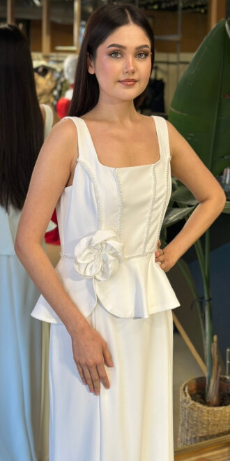 Beyaz Kare Yaka Kalın Askı Çiçek Detaylı Düz Kesim Krep Uzun Abiye Elbise 11161-02 - 3