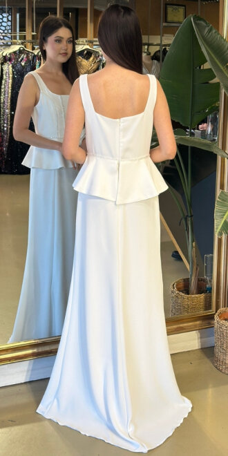 Beyaz Kare Yaka Kalın Askı Çiçek Detaylı Düz Kesim Krep Uzun Abiye Elbise 11161-02 - 5