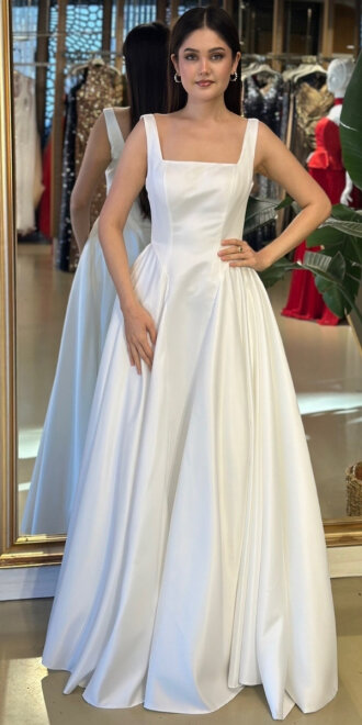 Beyaz Kare Yaka Kalın Askı Kloş Etekli Tafta Uzun Abiye Elbise 11136-03 - abiyeniall