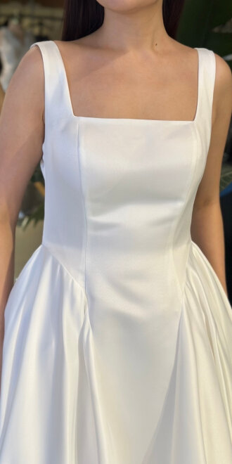 Beyaz Kare Yaka Kalın Askı Kloş Etekli Tafta Uzun Abiye Elbise 11136-03 - 4