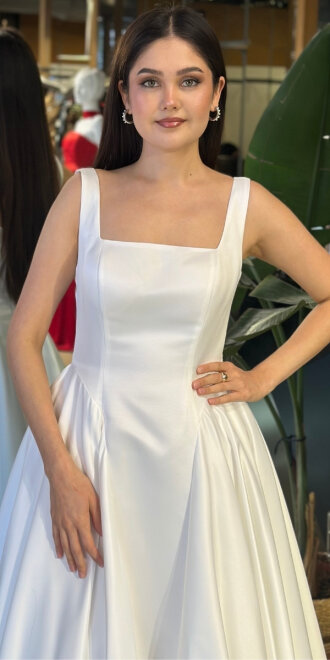 Beyaz Kare Yaka Kalın Askı Kloş Etekli Tafta Uzun Abiye Elbise 11136-03 - 3