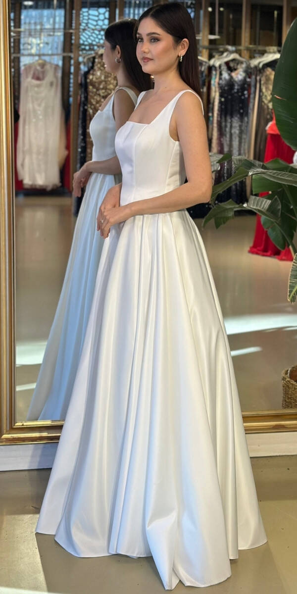 Beyaz Kare Yaka Kalın Askı Kloş Etekli Tafta Uzun Abiye Elbise 11136-03 - 2