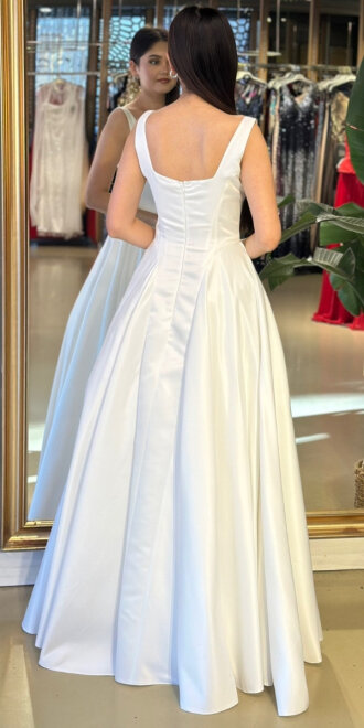 Beyaz Kare Yaka Kalın Askı Kloş Etekli Tafta Uzun Abiye Elbise 11136-03 - 5