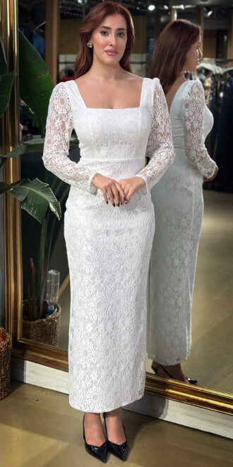 Beyaz Kare Yaka Uzun Kollu Yırtmaçlı Düz Kesim Dantel Midi Abiye Elbise 11122-01 - abiyeniall