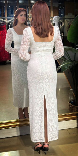 Beyaz Kare Yaka Uzun Kollu Yırtmaçlı Düz Kesim Dantel Midi Abiye Elbise 11122-01 - 5