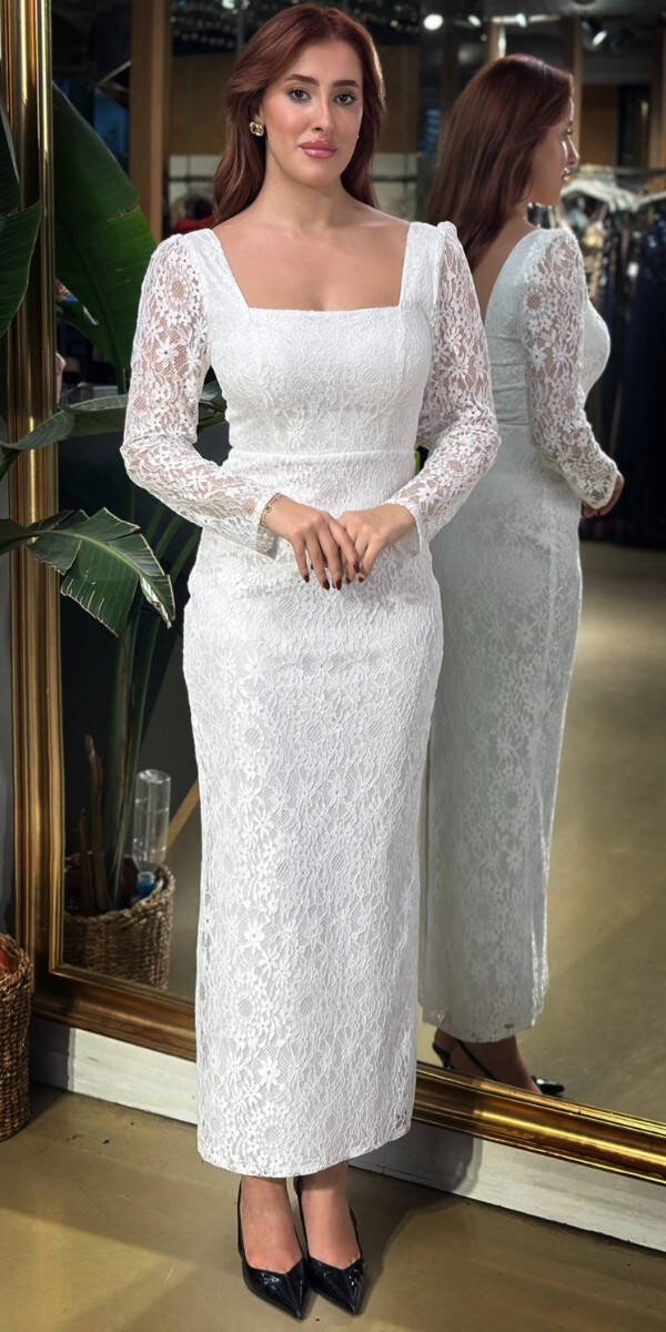 Beyaz Kare Yaka Uzun Kollu Yırtmaçlı Düz Kesim Dantel Midi Abiye Elbise 11122-01 - 1