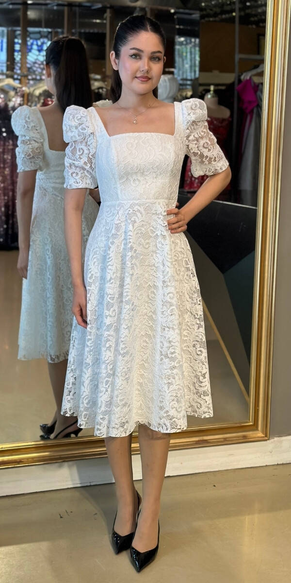 Beyaz Kare Yaka Dirsek Kol Midi Boy Abiye Elbise 95040 - 1