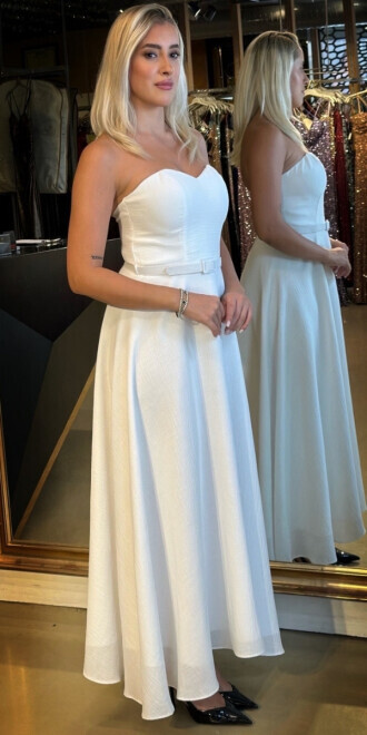 Beyaz Kemerli Straplez Yaka Kloş Etekli Keten Midi Abiye Elbise 11089 - 2