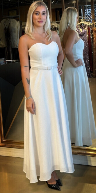 Beyaz Kemerli Straplez Yaka Kloş Etekli Keten Midi Abiye Elbise 11089 - abiyeniall