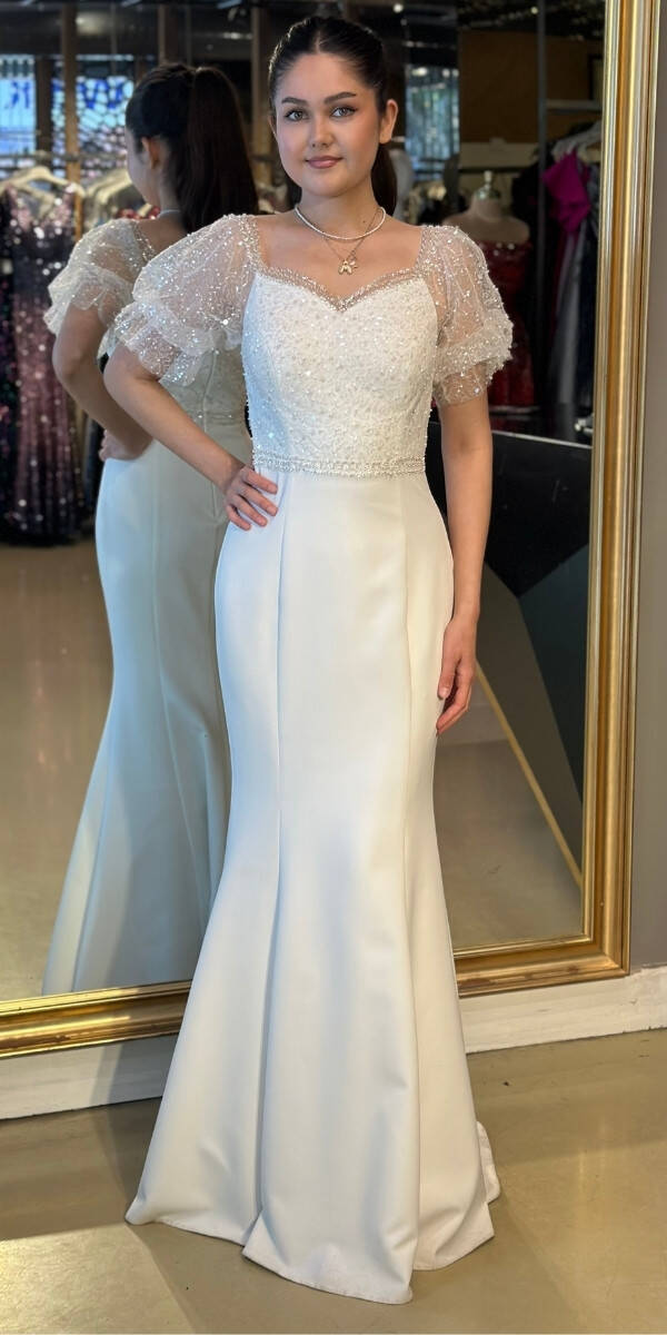 Beyaz Kısa Kollu Balık Kesim Uzun Abiye Elbise 7573 - 1