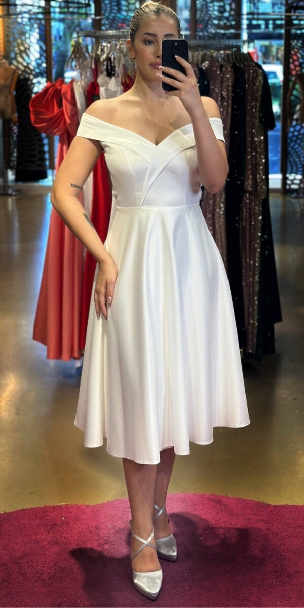 Beyaz Kloş Etekli Saten Midi Abiye Elbise 7202 - 1