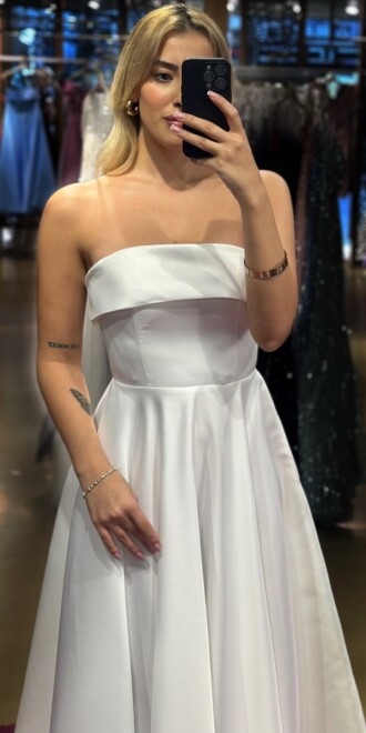 Beyaz Straplez Yaka Kloş Etekli Saten Midi Abiye Elbise 7647 - 2