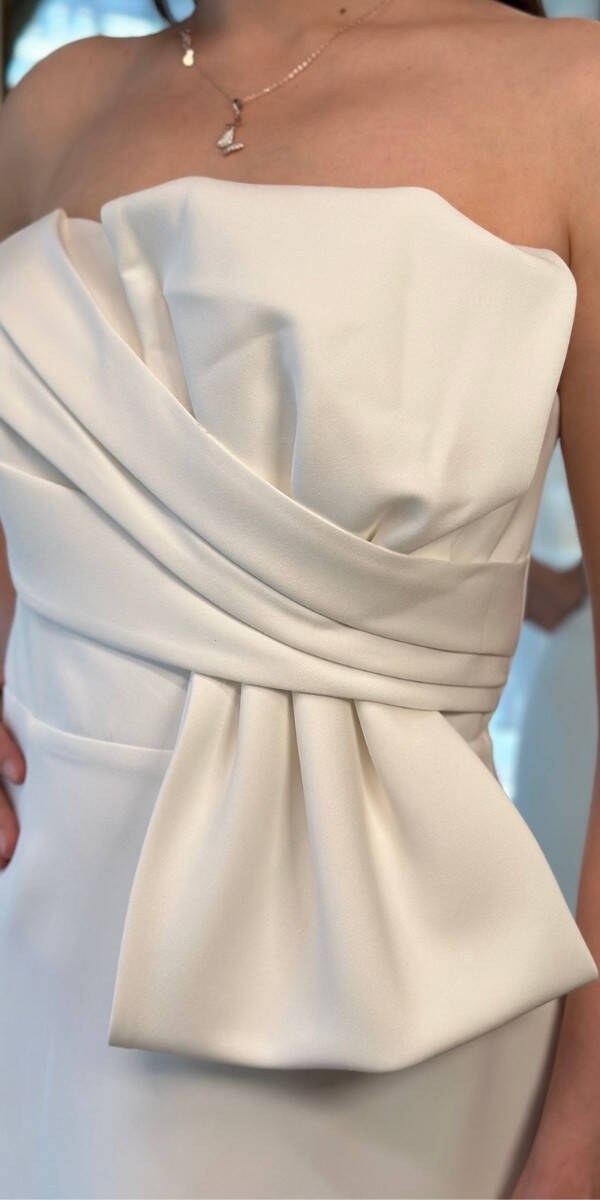 Beyaz Kurdele Detaylı Yırtmaçlı Düz Kesim Krep Midi Abiye Elbise 7720 - 4