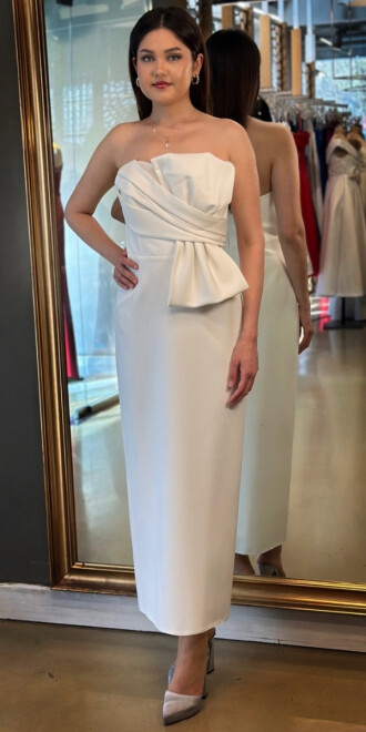 Beyaz Kurdele Detaylı Yırtmaçlı Düz Kesim Krep Midi Abiye Elbise 7720 - abiyeniall