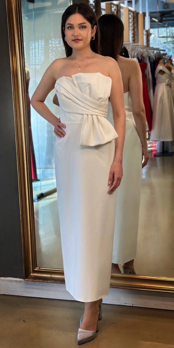Beyaz Kurdele Detaylı Yırtmaçlı Düz Kesim Krep Midi Abiye Elbise 7720 - 1