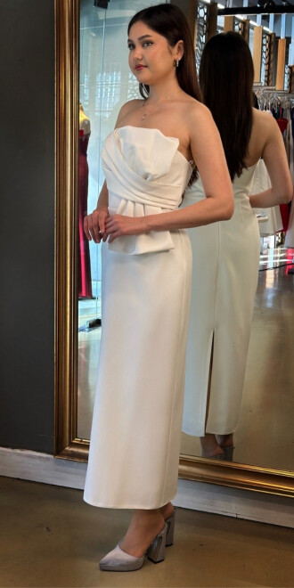 Beyaz Kurdele Detaylı Yırtmaçlı Düz Kesim Krep Midi Abiye Elbise 7720 - 3