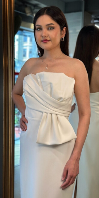 Beyaz Kurdele Detaylı Yırtmaçlı Düz Kesim Krep Midi Abiye Elbise 7720 - 2