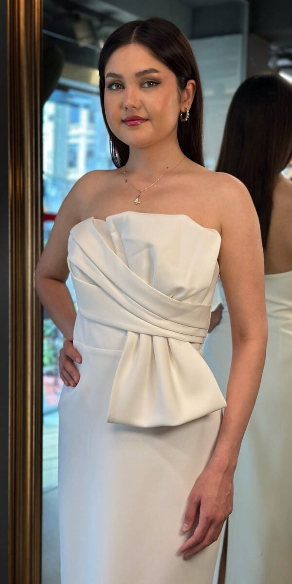 Beyaz Kurdele Detaylı Yırtmaçlı Düz Kesim Krep Midi Abiye Elbise 7720 - 2