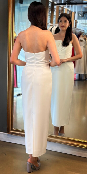 Beyaz Kurdele Detaylı Yırtmaçlı Düz Kesim Krep Midi Abiye Elbise 7720 - 5