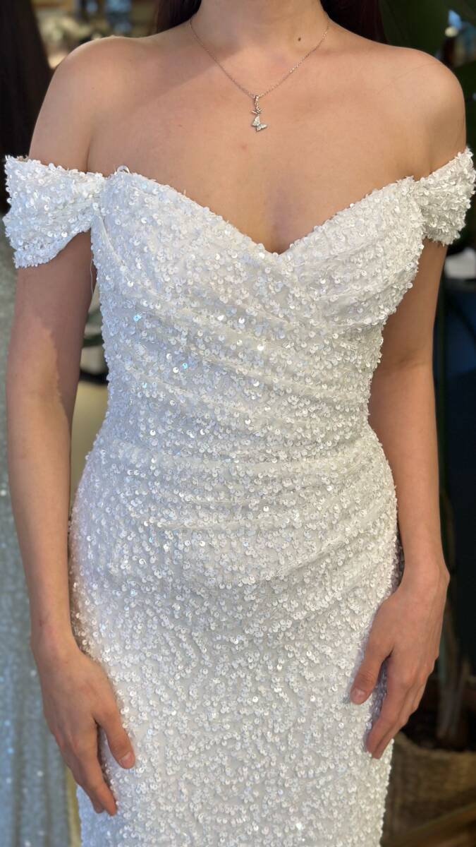 Beyaz Madonna Yaka Düz Kesim Likralı Payet Uzun Abiye Elbise 11085-11 - 4