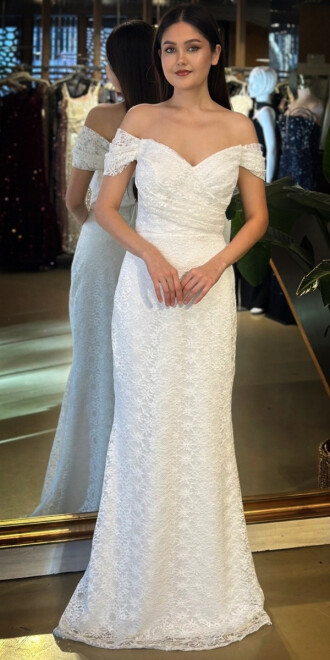 Beyaz Madonna Yaka Sırt Dekolteli Düz Kesim Dantel Uzun Abiye Elbise 11164-01 - abiyeniall