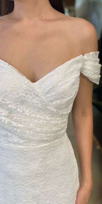 Beyaz Madonna Yaka Sırt Dekolteli Düz Kesim Dantel Uzun Abiye Elbise 11164-01 - 4