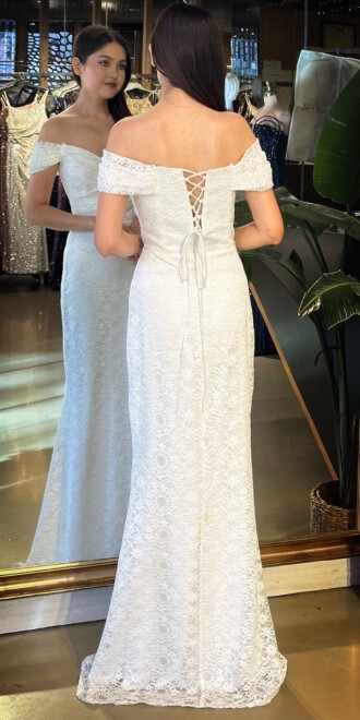 Beyaz Madonna Yaka Sırt Dekolteli Düz Kesim Dantel Uzun Abiye Elbise 11164-01 - 5