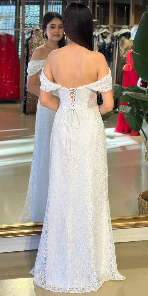 Beyaz Madonna Yaka Sırt Dekolteli Düz Kesim Dantel Uzun Abiye Elbise 11181-01 - 5